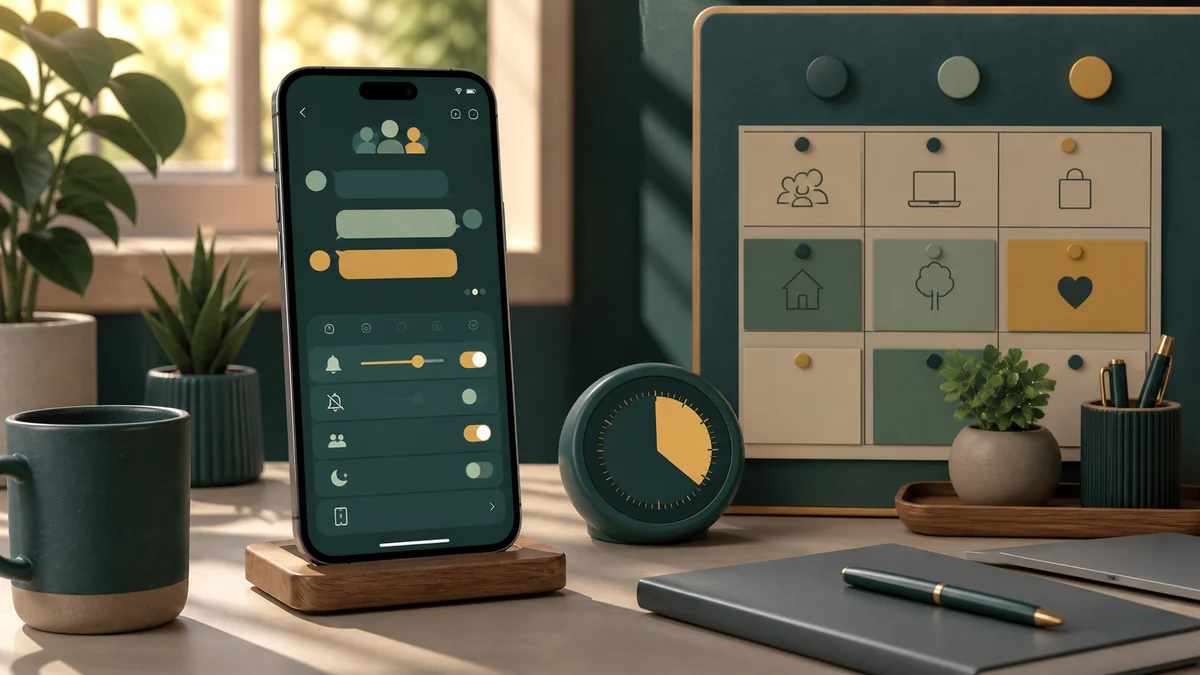 Calm workspace with group-chat notification controls and a focus timer.
